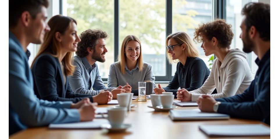 회의실에서 협력 논의하는 사람들의 이미지